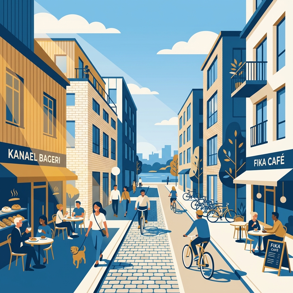 Minimalistisk og moderne illustrasjon av en levende bygate på en solrik søndag med åpne kafeer, bakerier og syklende mennesker